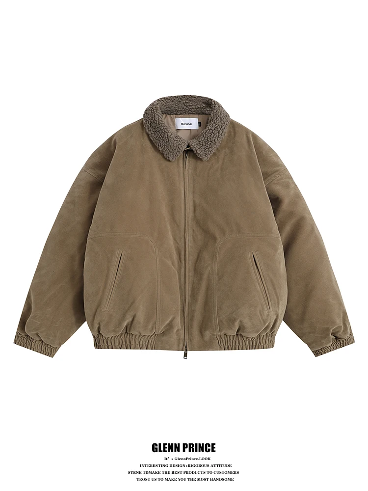 

American Retro Lamb Velvet Collar Loose Men's Cotton Jacket Winter Trend Workwear Suede Cotton Coat Youth Casual Long Sleeve