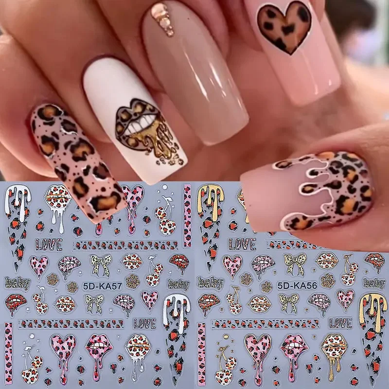 1 unidad de pintalabios 5D, besos/pajarita/calcomanías para uñas de cereza, pegatinas para uñas con estampado de leopardo y corazón, decoración de manicura con temática de amor para el Día de San Valentín