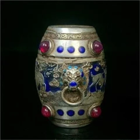 

Antique Tibetan Silver Blue Glaze Star Gem Waist Drum Teapot Ornament Vintage Collectible