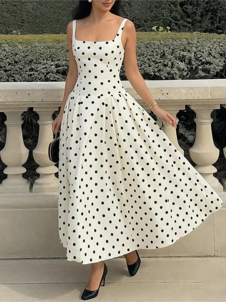 

French Style Polka Dot Dress For Women Vintage Square Collar High Waist Pleated Long Dresses 2026 New Elegant Club Party Dress