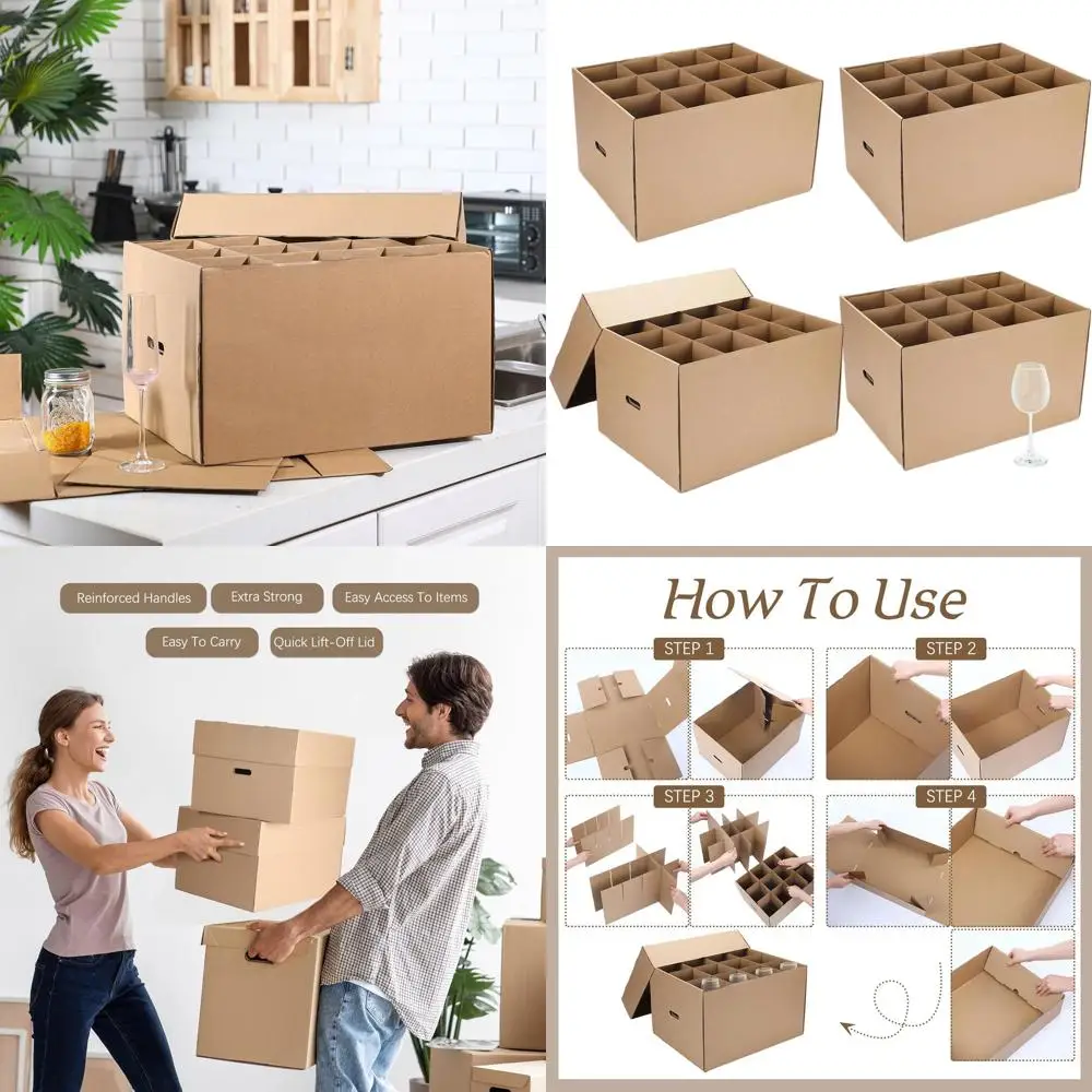 

Set of 4 Wine and Kitchen Moving Boxes with Handle, Lids for Glassware and Kitchenware (20x15x12 Inches, Brown)
