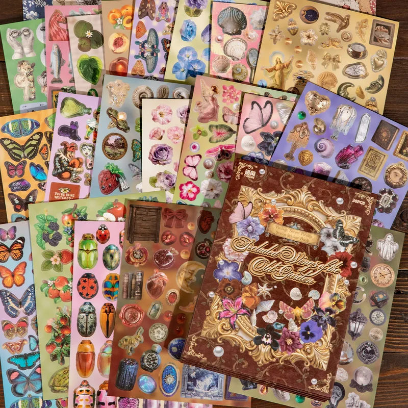 30Pcs Vintage Secret Realm Coated Paper Sticker Book Golden Retro Decorative Decals for Scrapbook Journal DIY Crafts
