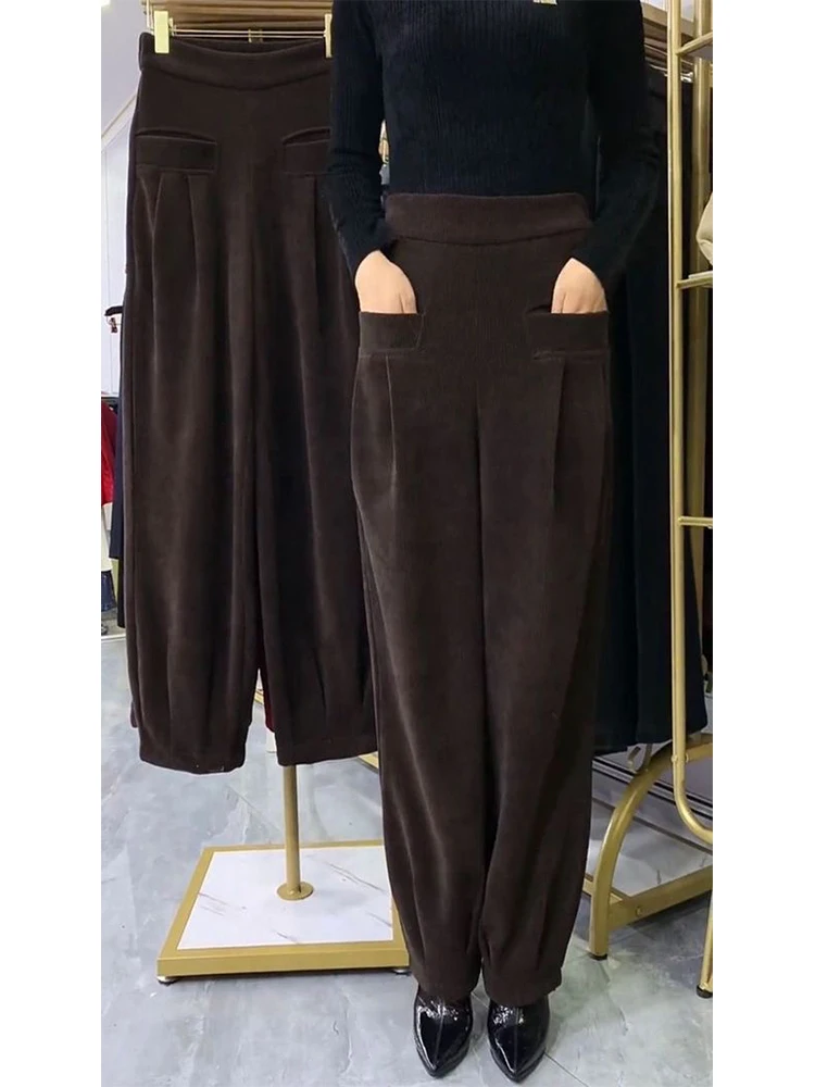 Pantalones informales sueltos de cintura alta para mujer Otoño Invierno nueva ropa de abrigo de Color Sle pantalones farol de chenilla Premium Faionable