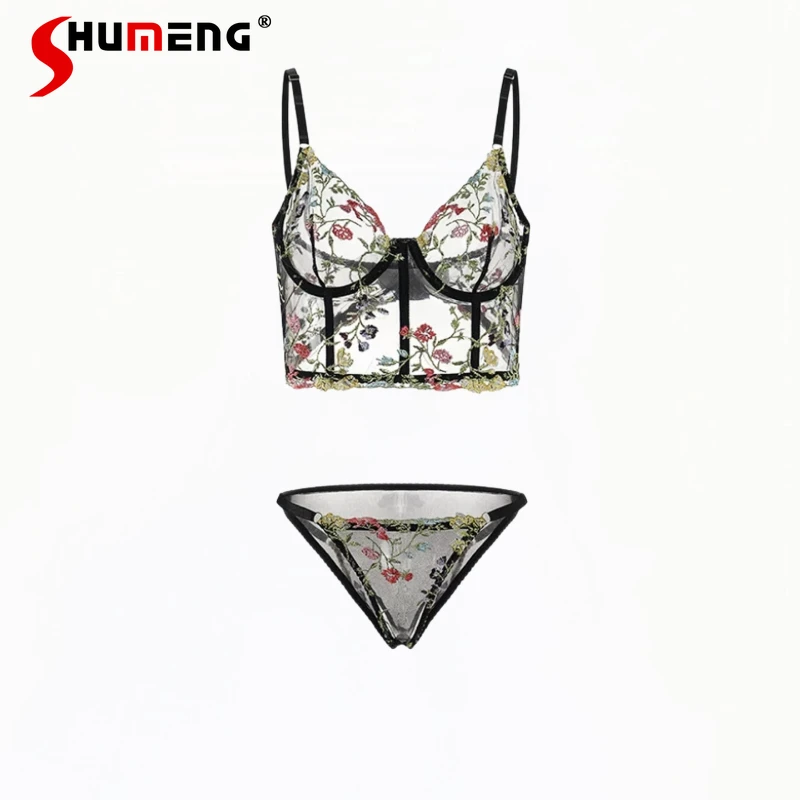 

French Style Sexy Black Lingerie for Women Floral Embroidery Fishbone Brief Sets Female Strap Underwear Bra and Panty Suits