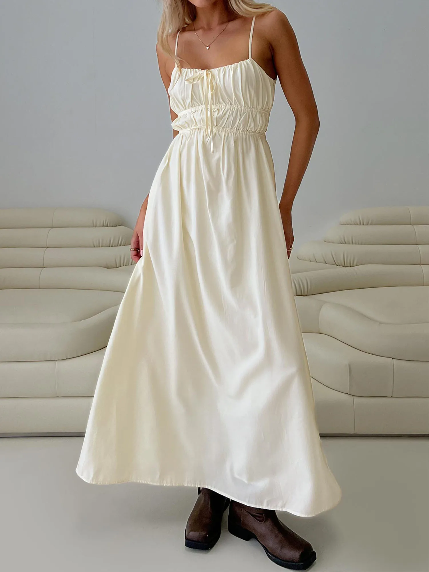 2025 Fashion Maxi Dresses Women White Spaghetti Strap Backless Flowy Summer Boho Vacation Dress Summer Beach Dresses