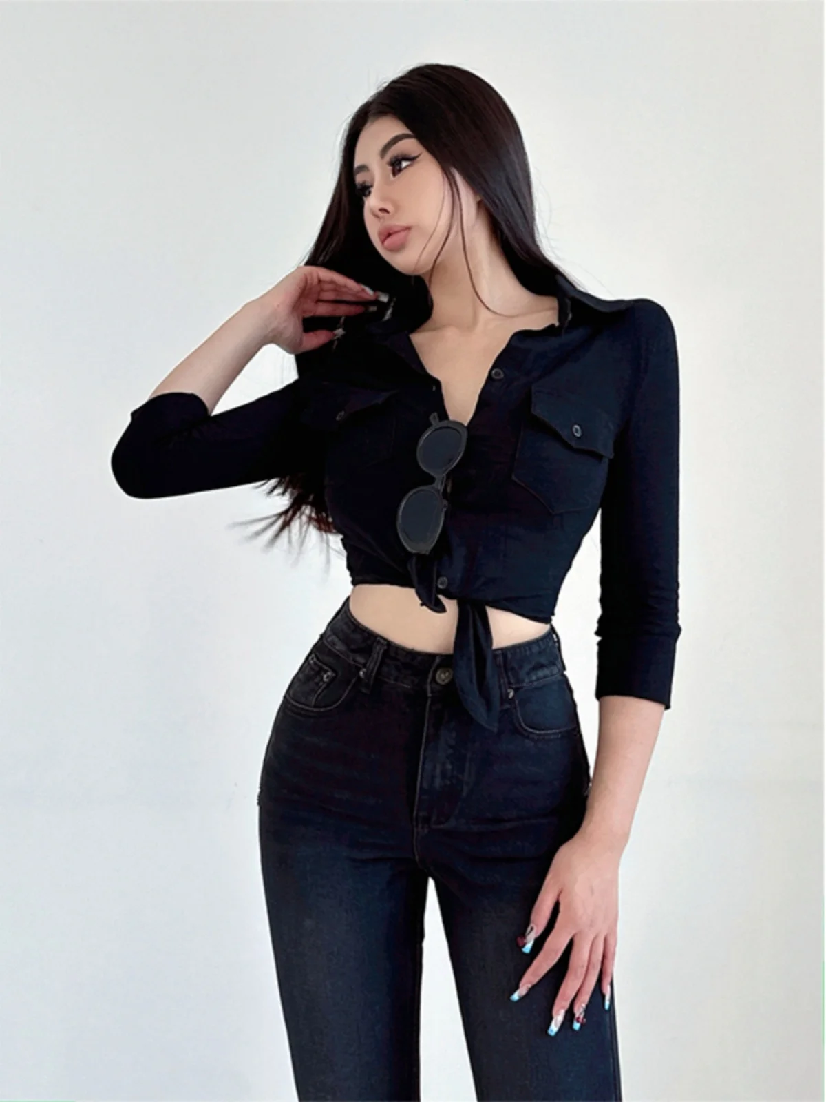 Autumn/winter Spicy Girl POLO Collar Single Breasted Long Sleeve Shirt Women\'s Cinching Waist Casual Versatile Short Top CYH3