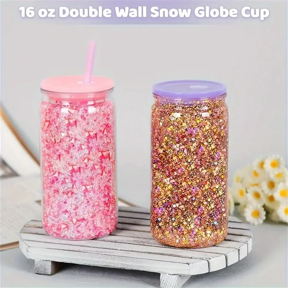 

DIY 16oz Capacity Mason Jar Cups Break-Resistant Reusable Water Bottles Double Layers Snow Globe Tumbler Holiday Gifts