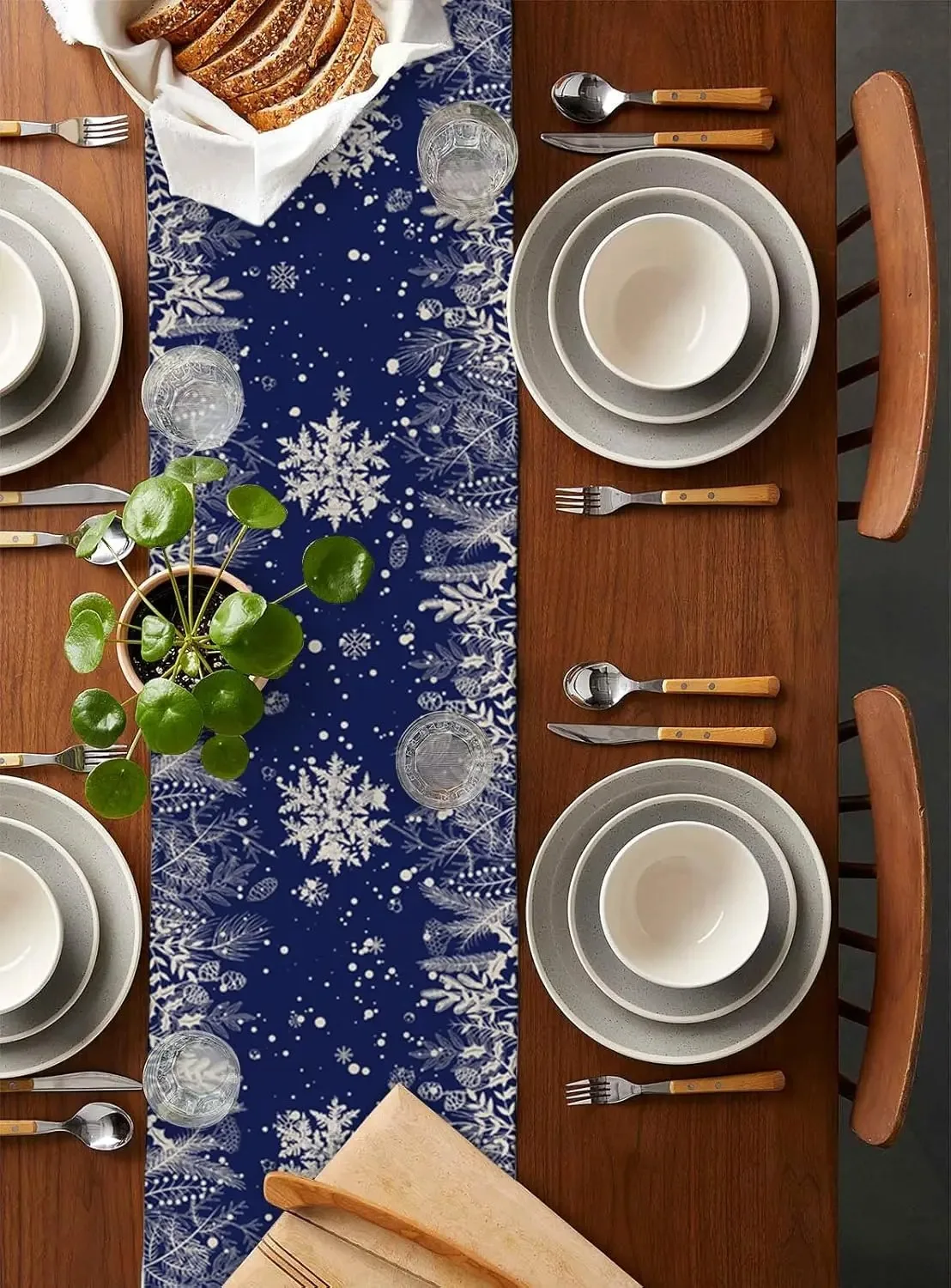 Blue Christmas Snowflake  Leaves Pine Cones Linen Table Runners Home Decor Farmhouse Dining Table Runners Navidad Decorations
