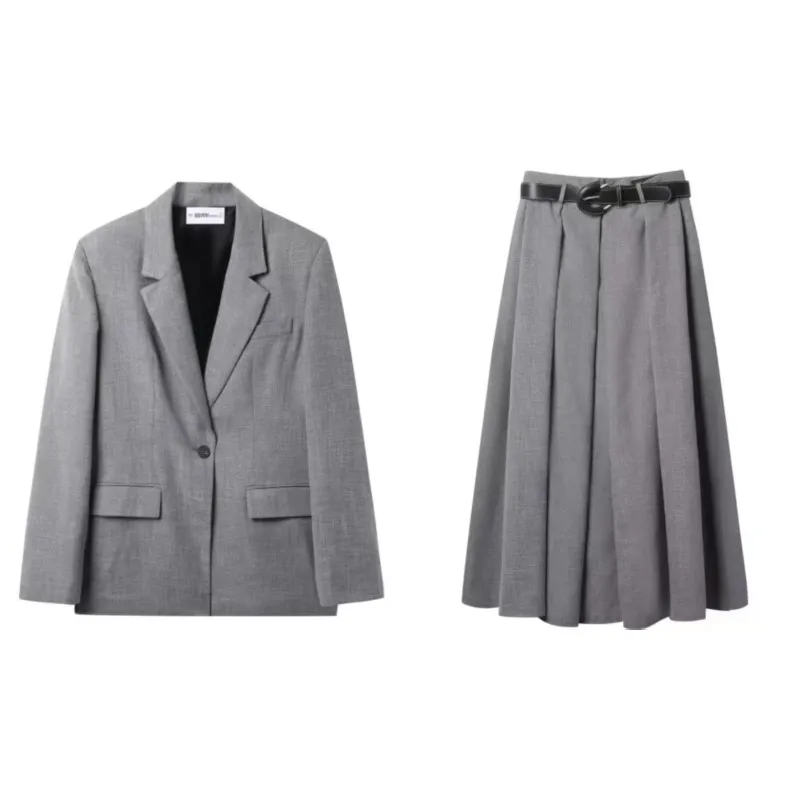 여성용 어깨 패드 헤링본 패턴 수트 세트 허리 벨트 플리츠 미디 스커트 캐주얼 패션 여성 수트 세트 의상