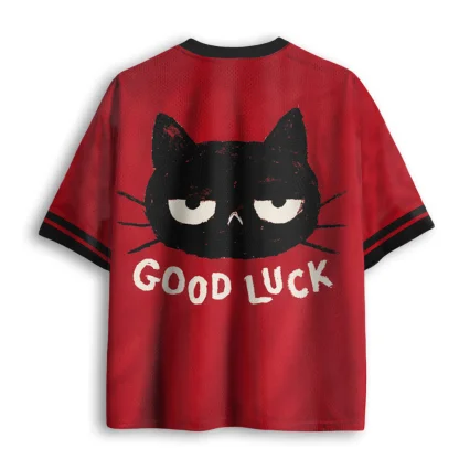 V Neck Mesh Jersey, Grumpy Black Cat Good Luck Vintage Print Short Sleeve Loose Breathable Casual Mesh Jersey