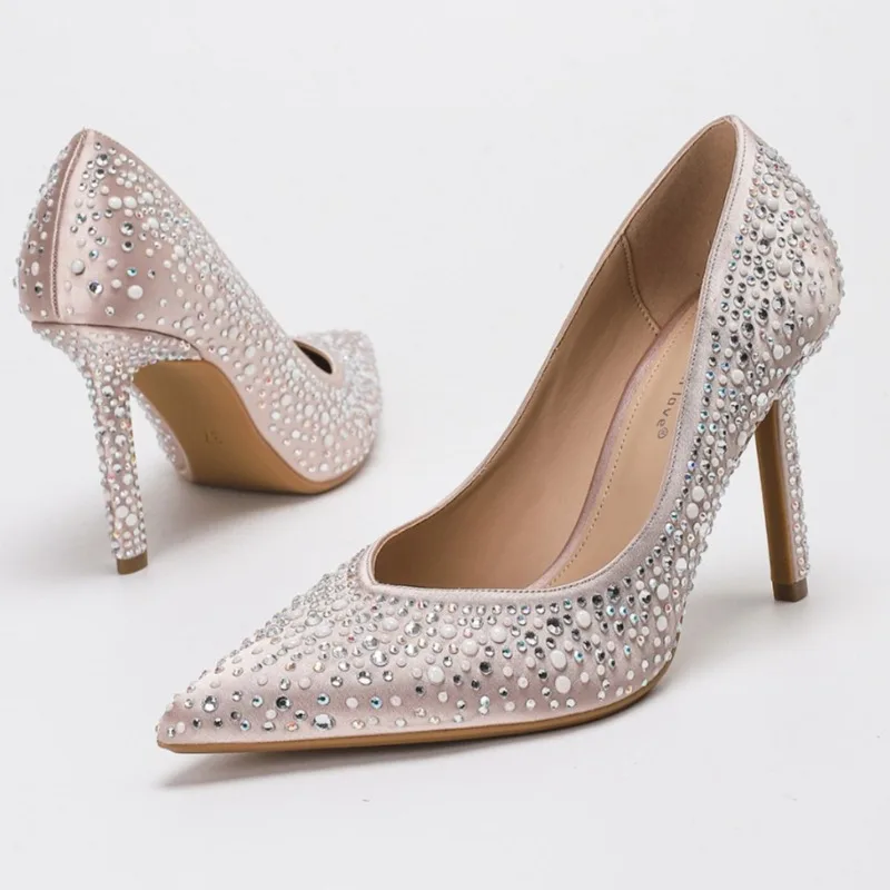 Роскошные брендовые туфли-лодочки со стразами и острым носком, женские модные туфли на мелком каблуке для свадебной вечеринки, блестящие элегантные женские туфли на высоком каблуке