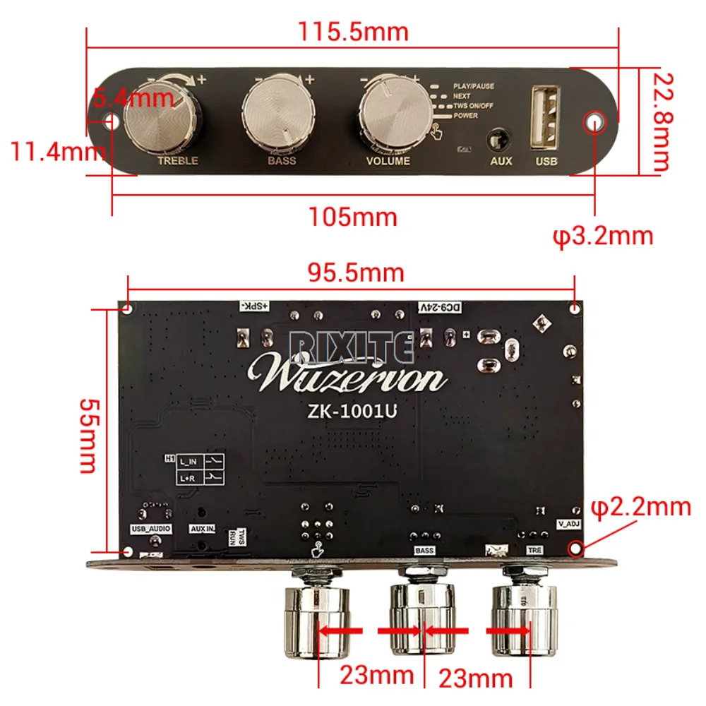 ZK-1001U 100W 블루투스 5.3 모노 TPA3116D2 앰프 보드 모듈, 앱, AUX, USB 플래시 드라이브, USB 사운드 카드, DC 9-24V 지원