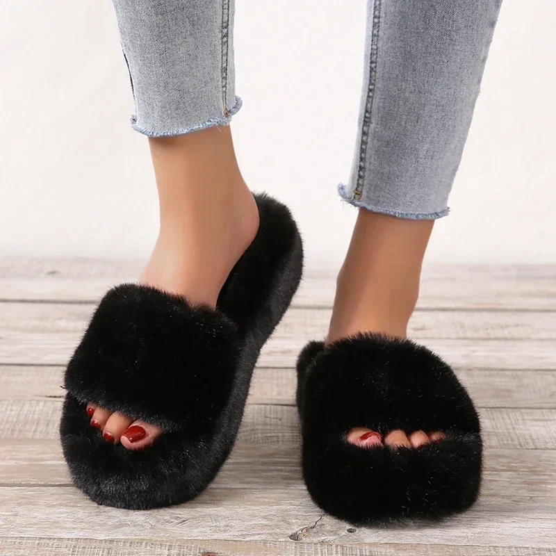 

2024 Women's Fall New Fashion Round Head Open Toe Women's Slippers Casual Plush Plush Home Women's Slippers Zapatillas Mujer