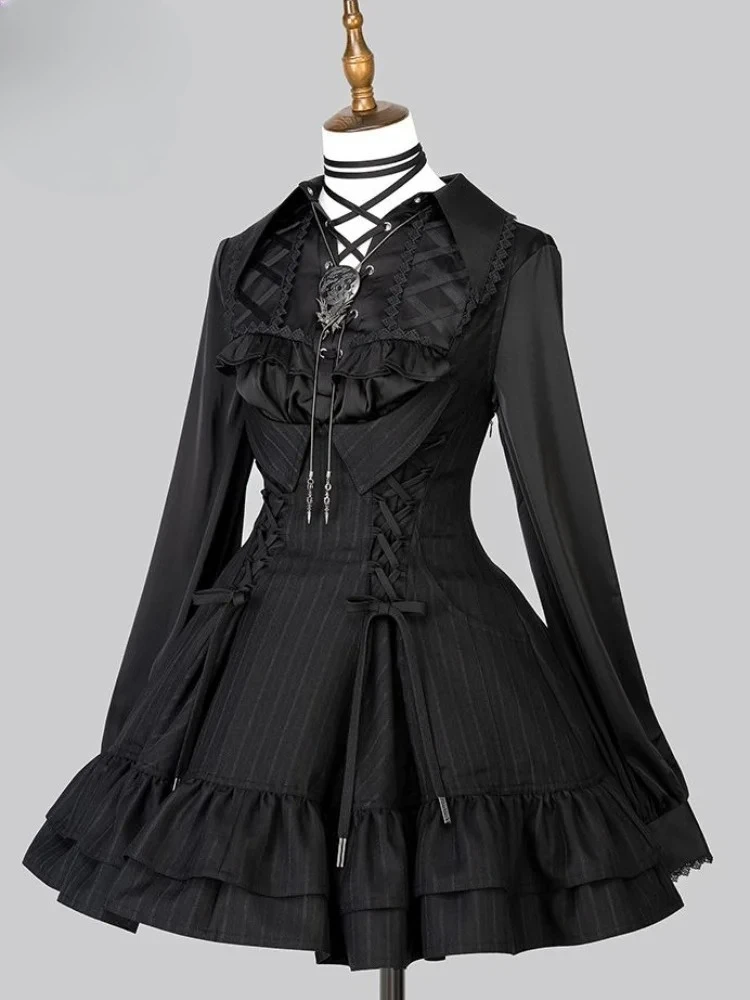 Harajuku Gothic Lolita Japanisches Korsett Spitzen-Minikleid Damen Figurbetont Langarm Mehrlagiger Rüschensaum Sexy Party Clubwear Outfit