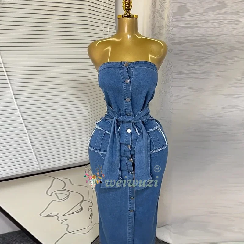 2026 Women Retro Strapless Denim Dress Sleeveless Single-Breasted Lace-Up Slim Summer Streetwear Party Clothing Sexy Jeans Dress