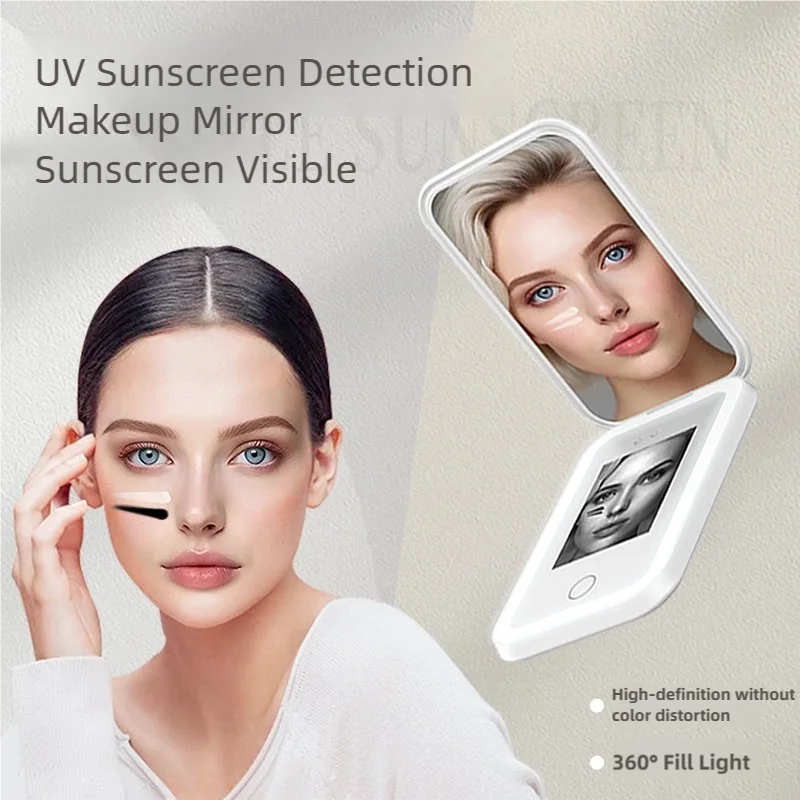 مرآة اختبار واقية من الشمس الذكية للأشعة فوق البنفسجية من TINSOL مع كاميرا عالية الدقة وضوء إضافي 2x مرآة سفر مكبرة لاختبار الواقي من الشمس