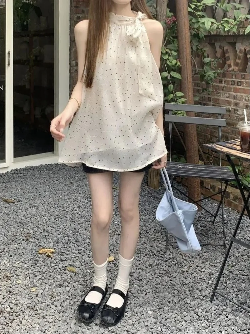 Summer New Polka Dot Bow Tie Sleeveless Neck Hanging Shirt Women's Gentle Style  Knot Design Unique Top Polyester Fiber