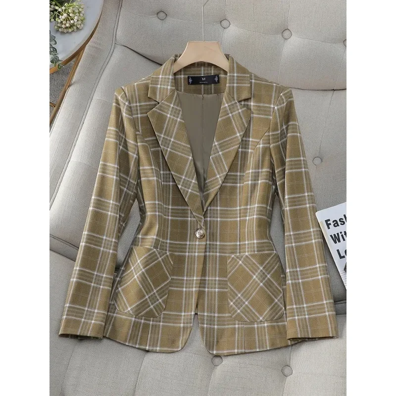 Blazer à carreaux à manches longues pour femmes, veste pour dames, manteau formel avec poche, vêtements de travail d'affaires, vert café ingent, mode féminine