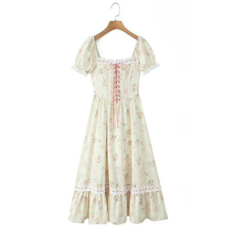 

Retro Lace Trim Square Ne Long Dr Women's Summer New Sle Country Sle Waist Cinching Full Skirt Dr Casual Wear