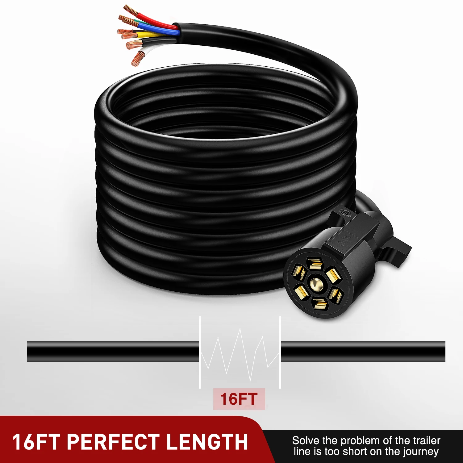 7 Way Trailer Extension Cord 16FT Heavy Duty 7 Pin Wiring Harness Cable for RV Camper Truck Off Road Vehicle Tow Connection