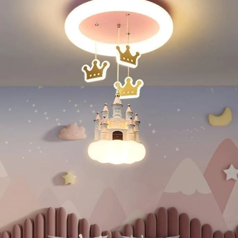 

Children's Room Pendant Light Girls' Bedroom Creative Cartoon Pink Girl Heart Castle Crown Girls' Princess Room Lamp