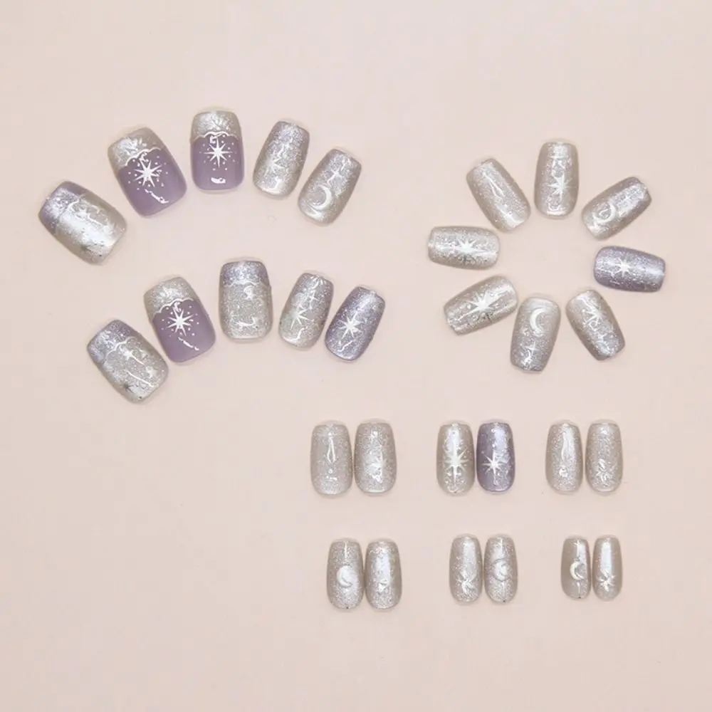

Manicure Long Square False Nails Wave Purple Star and Moon Press on Nails French Detachable Fake Nails Women