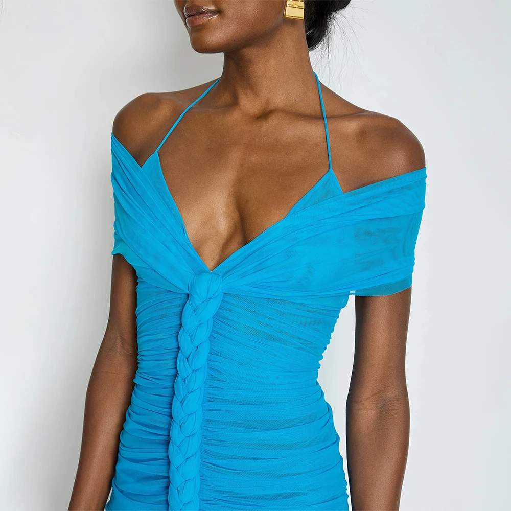 Frauen Sexy Off-Schulter Mesh Geraffte Mini Kleid Blau Halter Bodycon Party Kleid Taille Cut Out Kleid Party Geburtstag feiern Tragen
