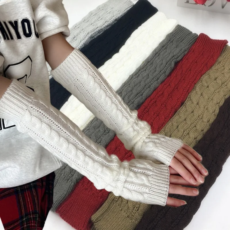 Fashion Long Fingerless Gloves Women Winter Knitted Solid Color Arm Warmer Crochet Hook Design Mittens Warm Half Finger Gloves