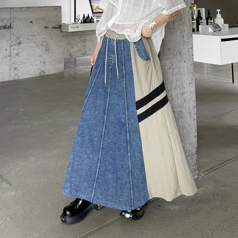 

Long Skirt Women Patchwork Denim Skirts A Line Elastic Waist Drawstring Pockets Vintage Distressed Washed Female 2025 Streetwear