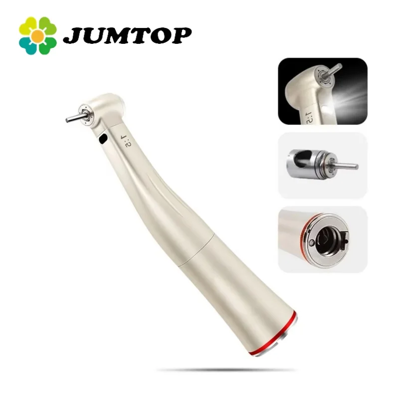 

JUMTOP Dental 1:5 Contra Angle Handpiece LED Fiber Optic Increasing Red Ring Push Button Handpiece with 4 Way Spray