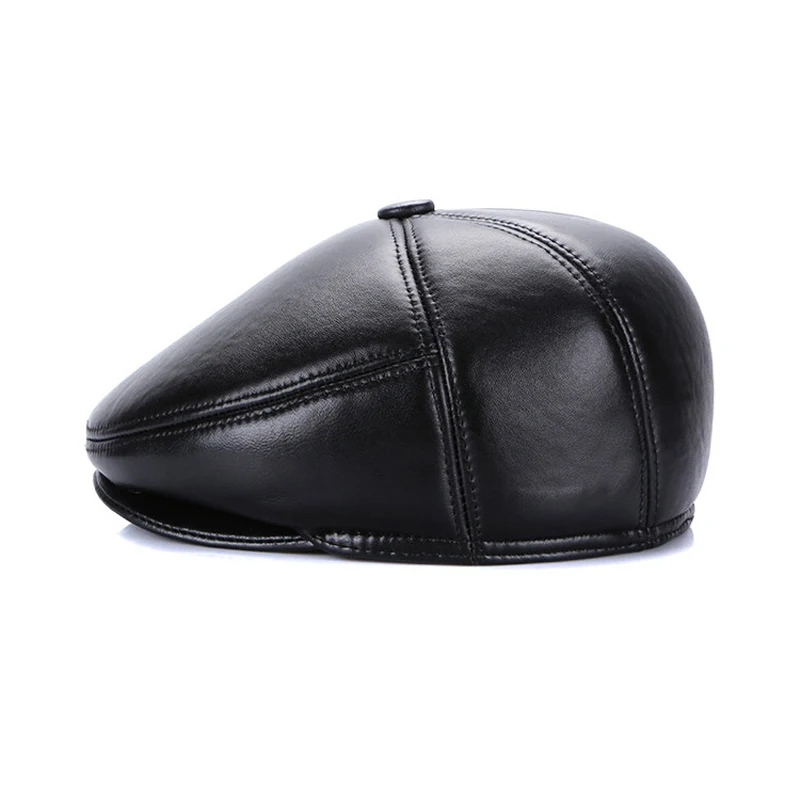 Men Beret Flat Cap Irish Newsboy Cowskin Genuine Leather British Ivy Male Hat Autumn Winter Warm Ear protection cap