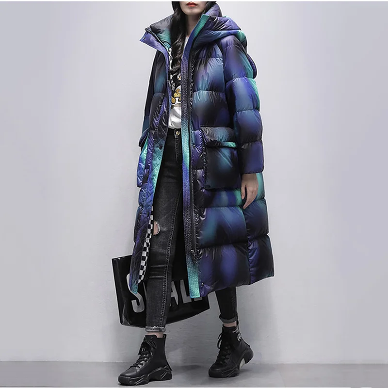 

Women 2024 Winter Fashion Gradient White Duck Down Jackets Female Long Hooded Coats Ladies Loose Thick Warm Overcoats