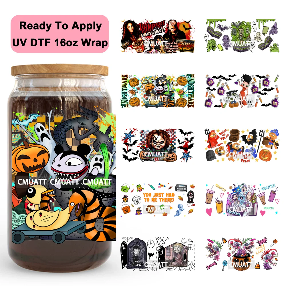 

Halloween Cartoon Characters Spooky Movie 16OZ UV DTF Cup Wraps Ready To Apply Waterproof Transfer Stickers For Libbey Glass Can