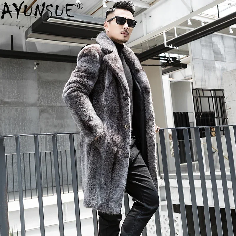 AYUNSUE Top Quality Natural Mink Real Fur Coat Luxury Winter Mens Fur Jacket Coat Suit Collar Single-breasted Long Fur Coats