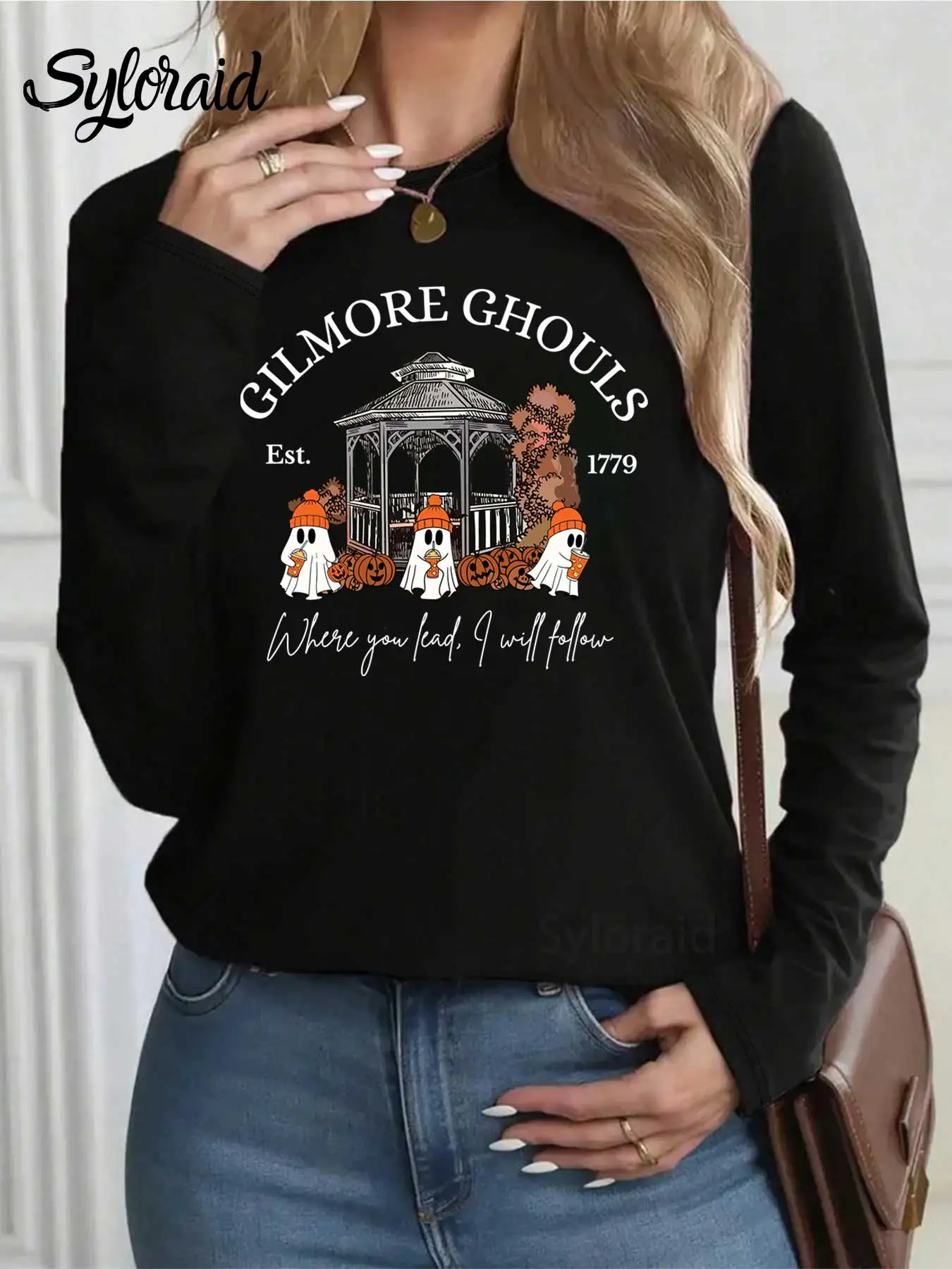 المرأة طويلة الأكمام تي شيرت نجوم الجوف الخريف يترك تي شيرت شبح هالوين شبح قميص أزياء جولة الرقبة عارضة أعلى #2