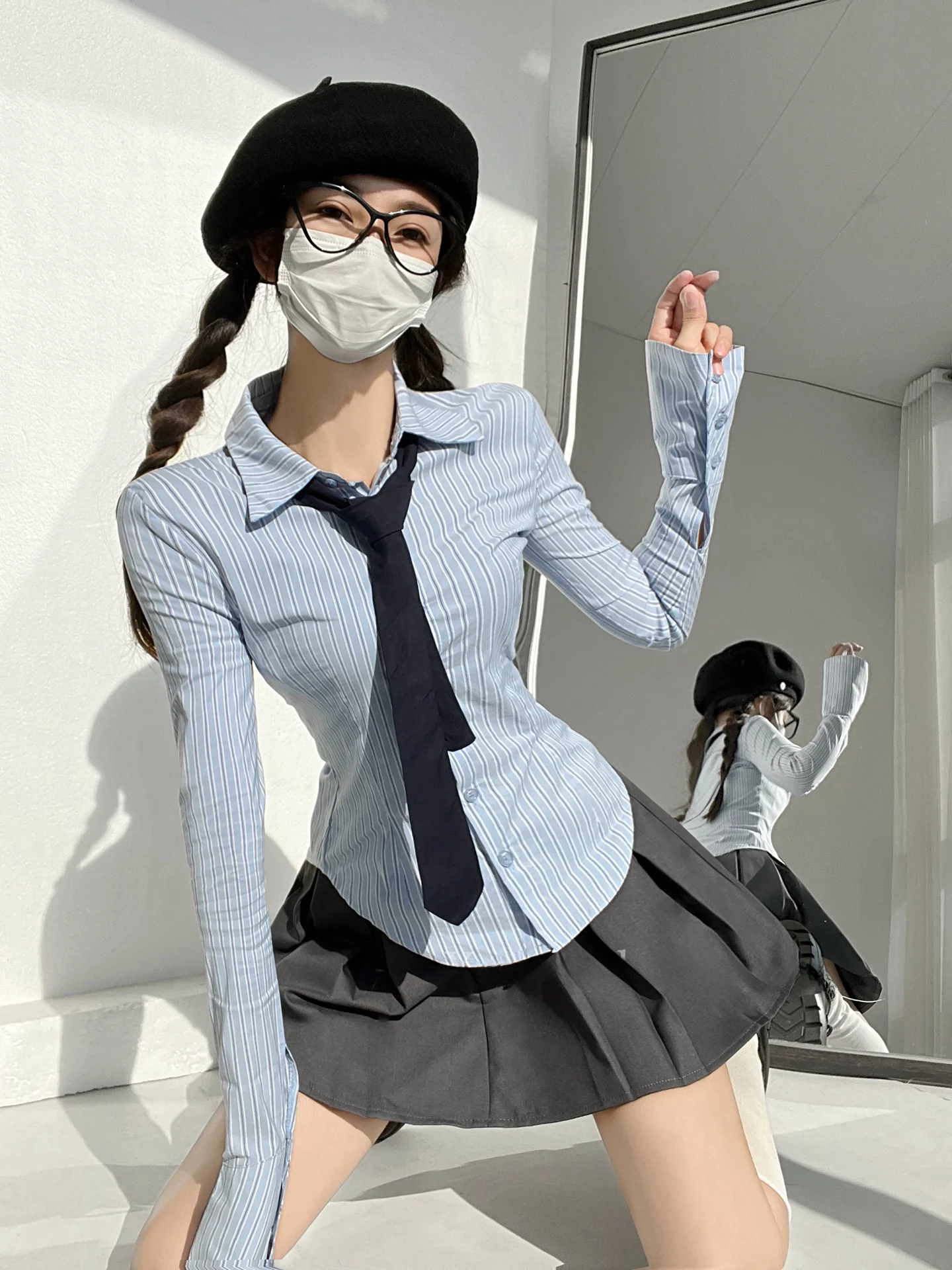 Rayé bleu irt femmes automne nouveau Sle collège Sle Long Sve coupe ajustée irt respirant respectueux de la peau longueur ort