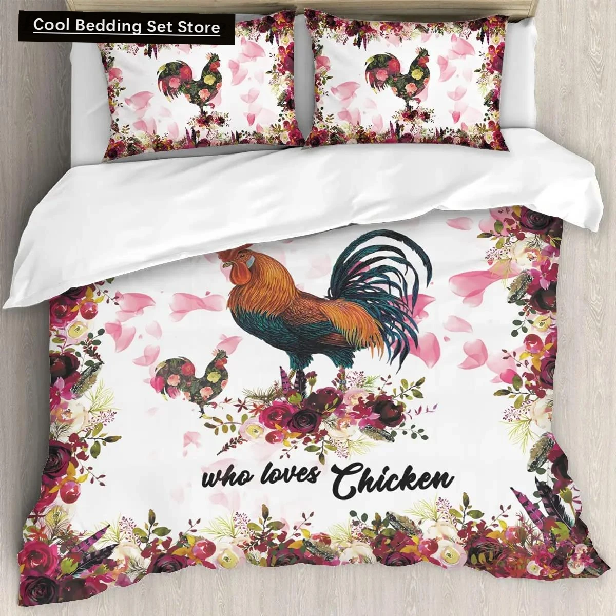 

Just A Girl Who Loves Chicken Bedding Set Farm Rooster Hen Bed Duvet Cover,Floral Twin King Queen 2/3pcs Polyester Quilt Cover