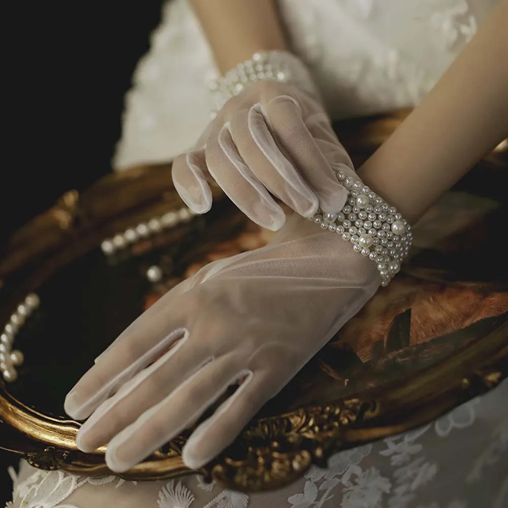 Elegant Hand-made Women Bridal White Girl Tulle Mittens Bow Pearl Finger Gloves Short Wedding Gloves