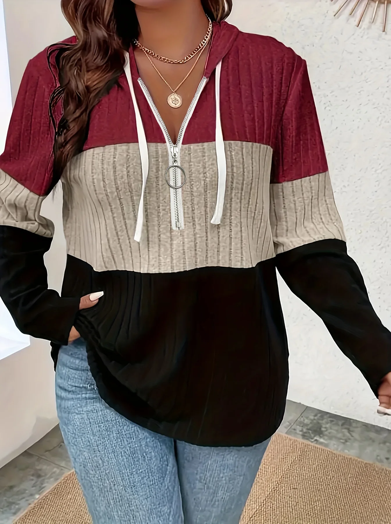 Plus Size Women's Hooded Fashion Knit Ribbed Cardigan Sweatshirt