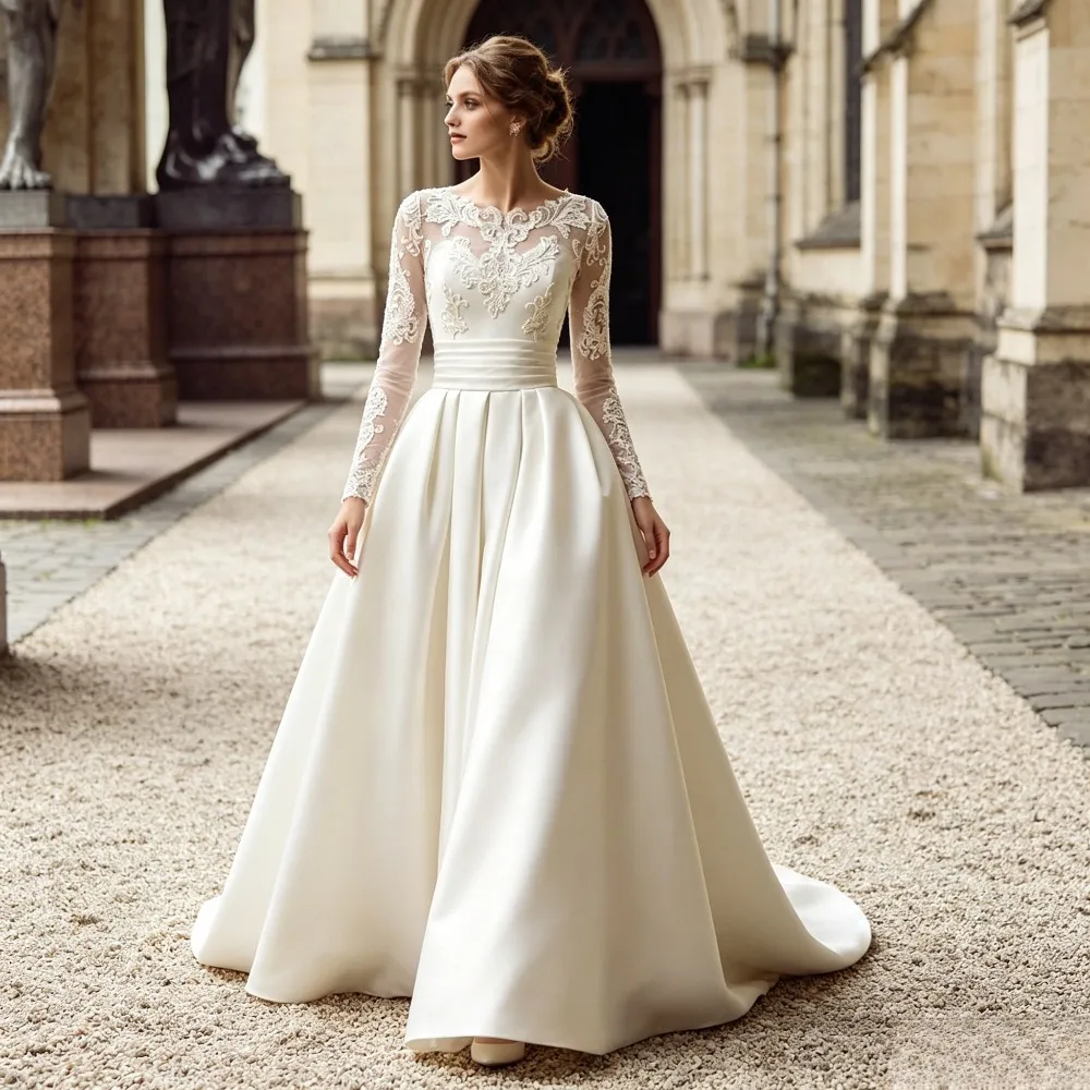 Customized Vintage Hollow Lace Wedding Dresses 2026 Solid Color Transparent Flower Long Sleeved Wide Satin Church Bridal Gown