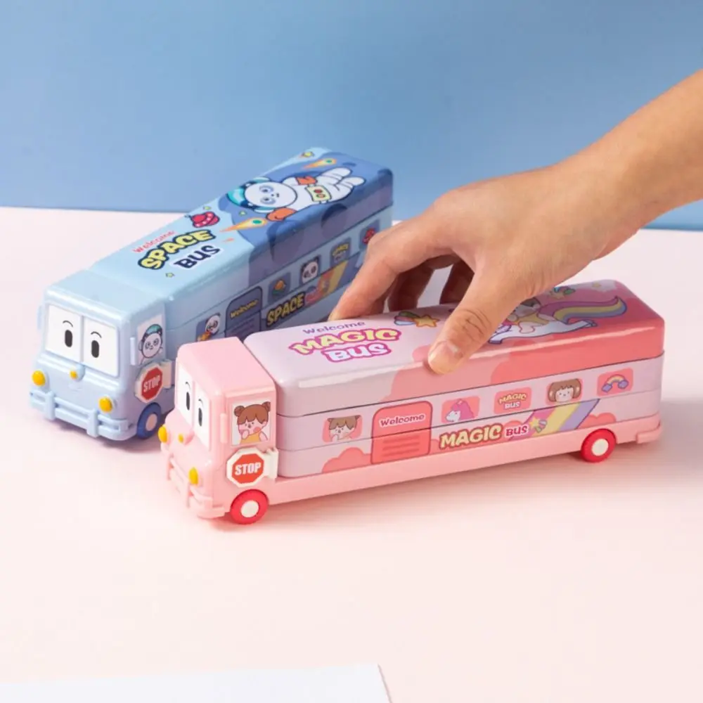 High Quality Three-layer Storage Box Bus Shaped Iron Pencil Case Multi-function Large Capacity Stationery Box School Supplies