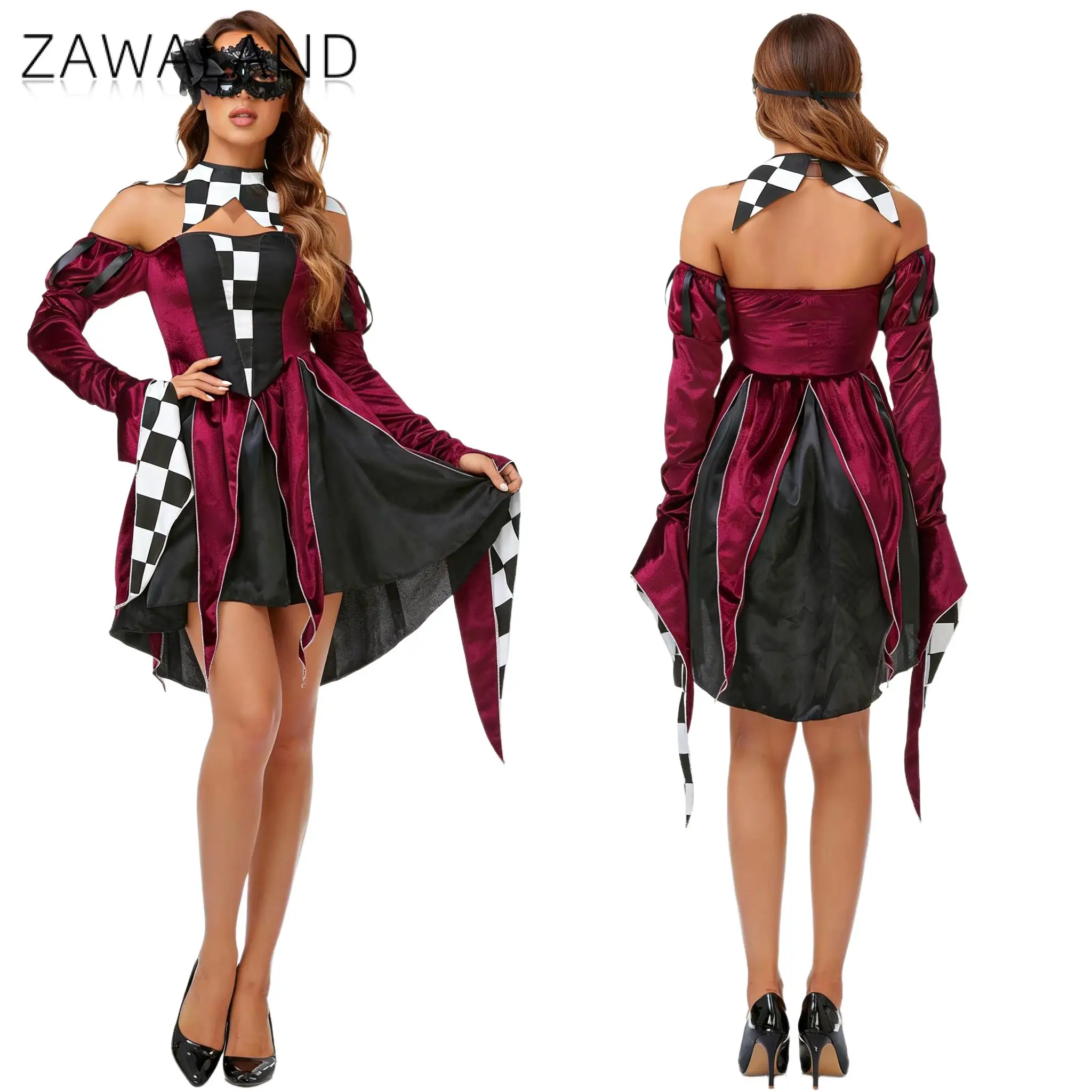 

Zawaland Women Mad Hatter Costume Alice in Wonderland Checkerboard Burgundy Off Shoulder Dress Halloween Masquerade Party Outfit