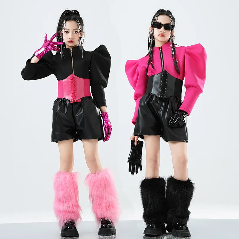 Crianças jazz dança traje meninas roupas de palco conjunto personalizado passarela desempenho roupas hiphop kpop competição wear rosa