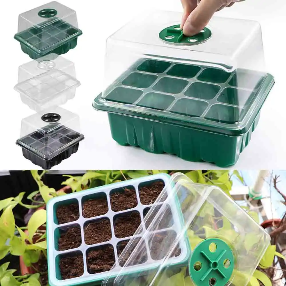 3-styles 12 Cells Seedling Trays Germination Box Greenhouse Indoor Garden Growth Pots with Transparent Cover Adjustable Humidity