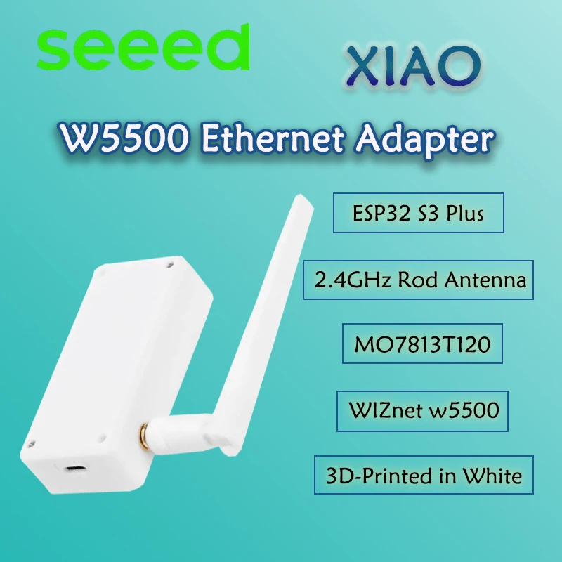 XIAO W5500 Ethernet Adapter, A Compact PoE DevE Board with ESP32S3 Plus, 2.4GHz Rod Antenna (2.81dBi), MQ7813T120
