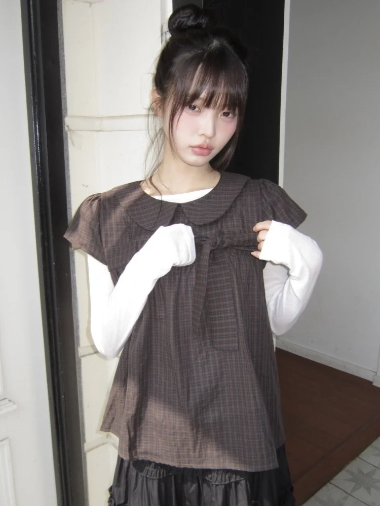 

Korean Short Sleeve Shirt Women's Small Size Japanese Retro Elegant Knot Doll Collar Shirt College Style Polyester ...