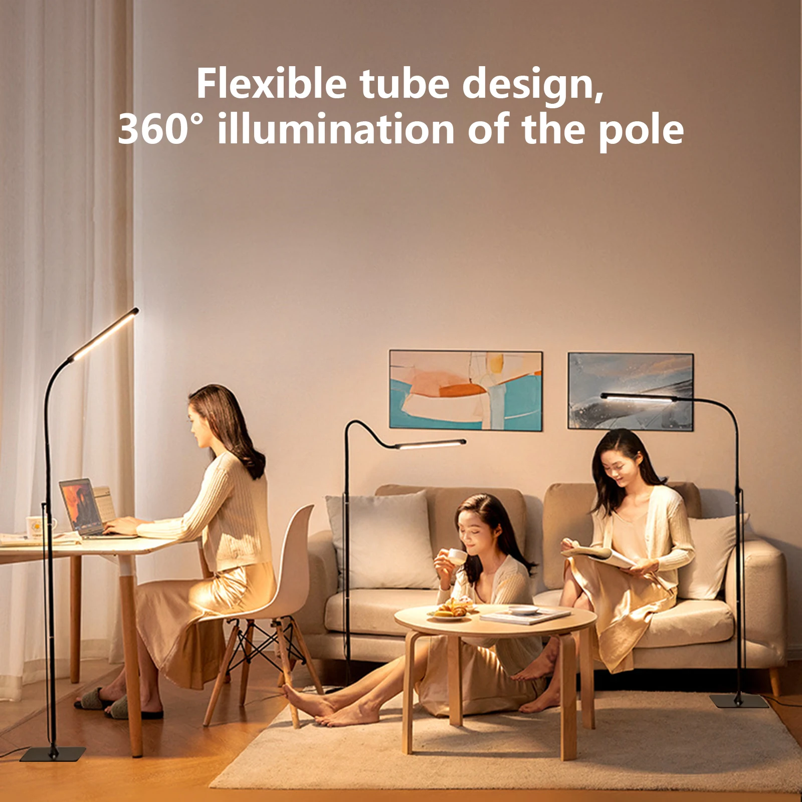 Living Room LED Floor Lamp 360 Degree Adjustable Gooseneck Standing Lamp Dimmable Vertical Reading Lamp USB Plug-in Corner Lamp