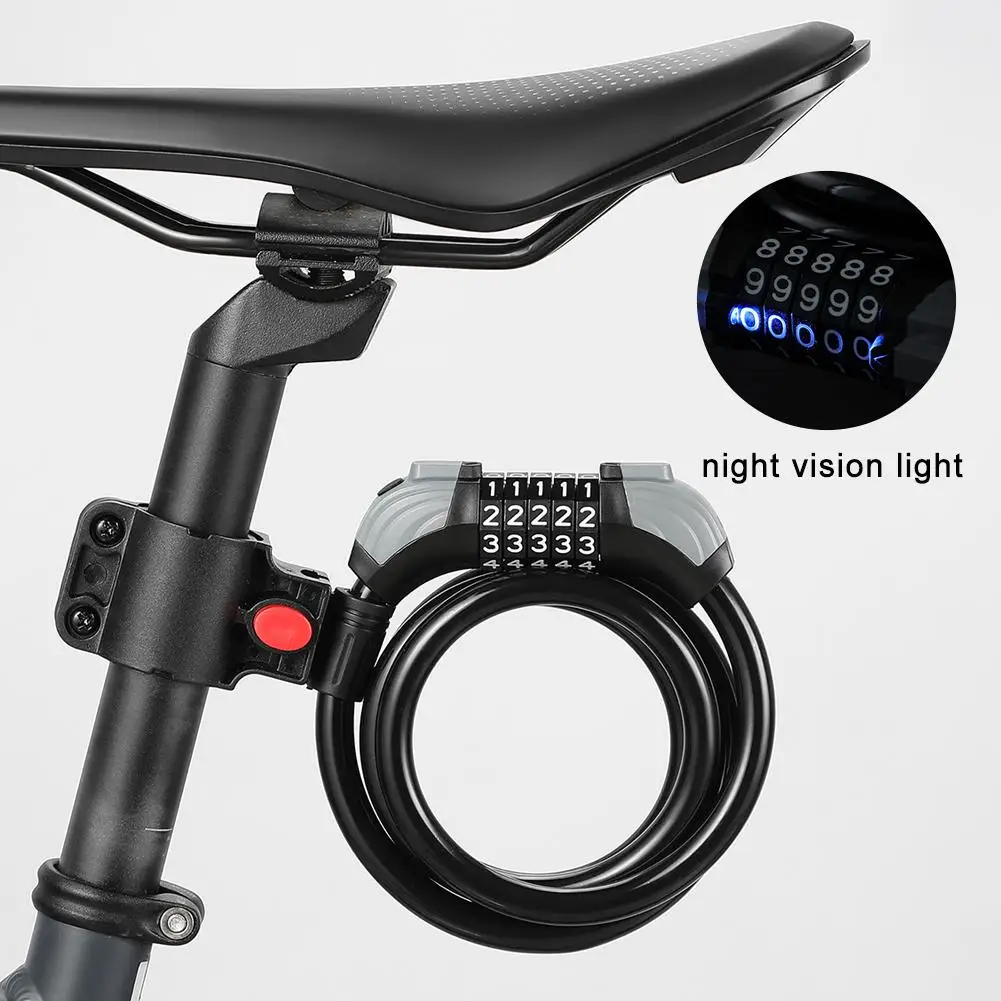 Motorcycle Bicycle Heavy-duty Lock Steel Cable Safety Light 5 Anti-theft Digit Code Night Accessories With Bicycle J3m8