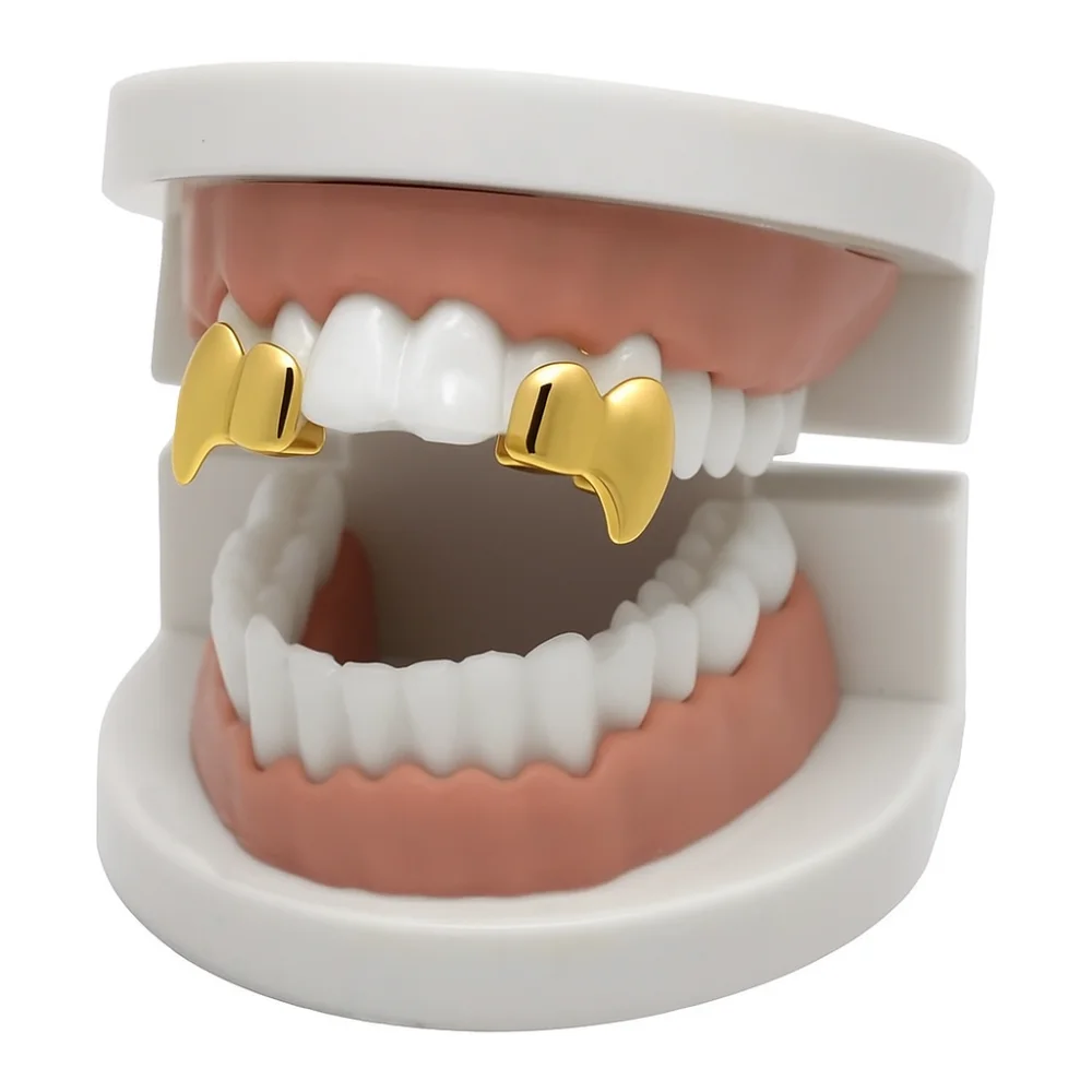 2Pcs/Set Double Glossy Hip-Hop Tooth Grills Halloween Gift Gold Silver Color Tooth Caps Punk Jewelry Charm Fangs Dental Grills - view 4