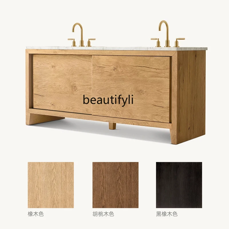 Painted Solid Wood Oak Floor Bathroom Cabinet Washbasin Washstand Double Basin Bathroom Cabinet